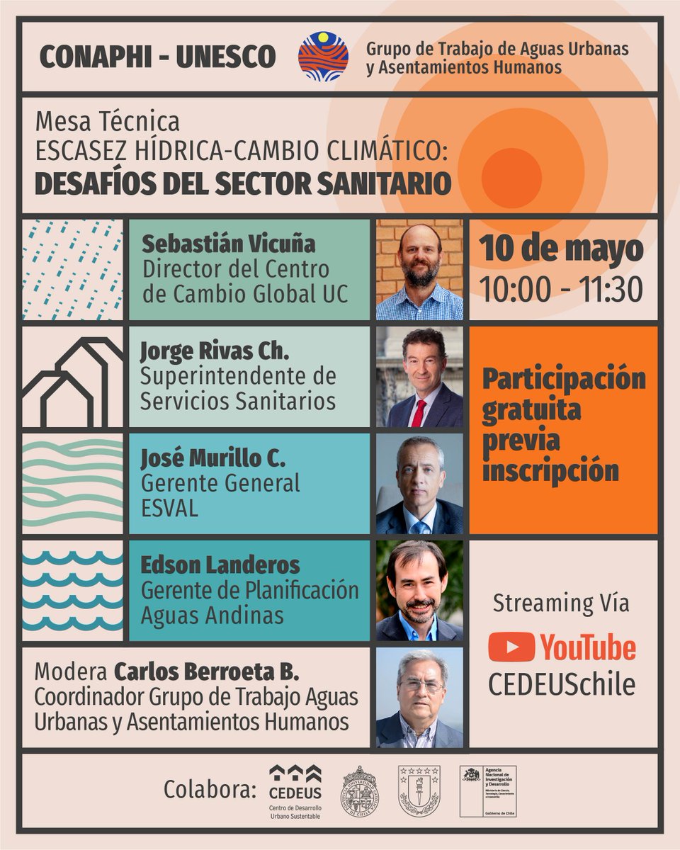 Te invitamos participar en la Mesa Técnica relativa a Escasez Hídrica-Cambio Climático: 
Desafíos del Sector Sanitario, el día martes 10 de mayo, a las 10 horas.

👉Link de inscripción: docs.google.com/forms/d/e/1FAI…