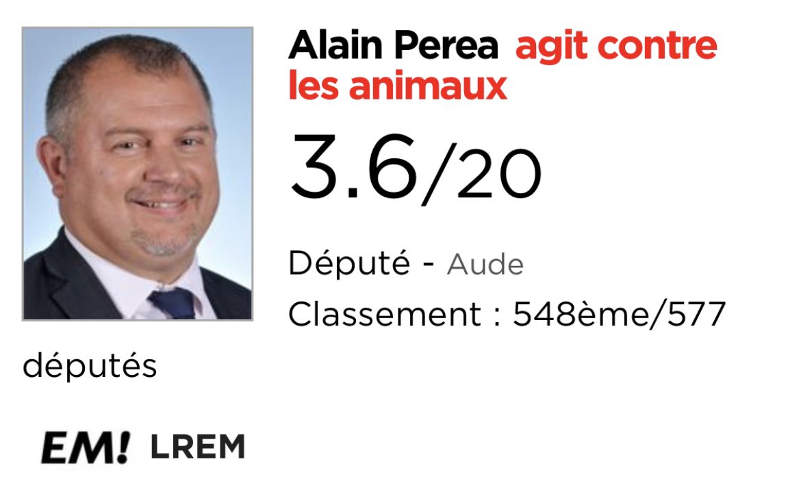 Sous les couleurs de #LREM, il y aura <a href="/LoicDombreval/">Loïc Dombreval 🐾</a>, député engagé à 100% pour les animaux domestiques et la faune sauvage, mais aussi <a href="/PereaAlain/">Alain Perea</a>, l’un des pires lobbyistes des pratiques cruelles en tout genre.