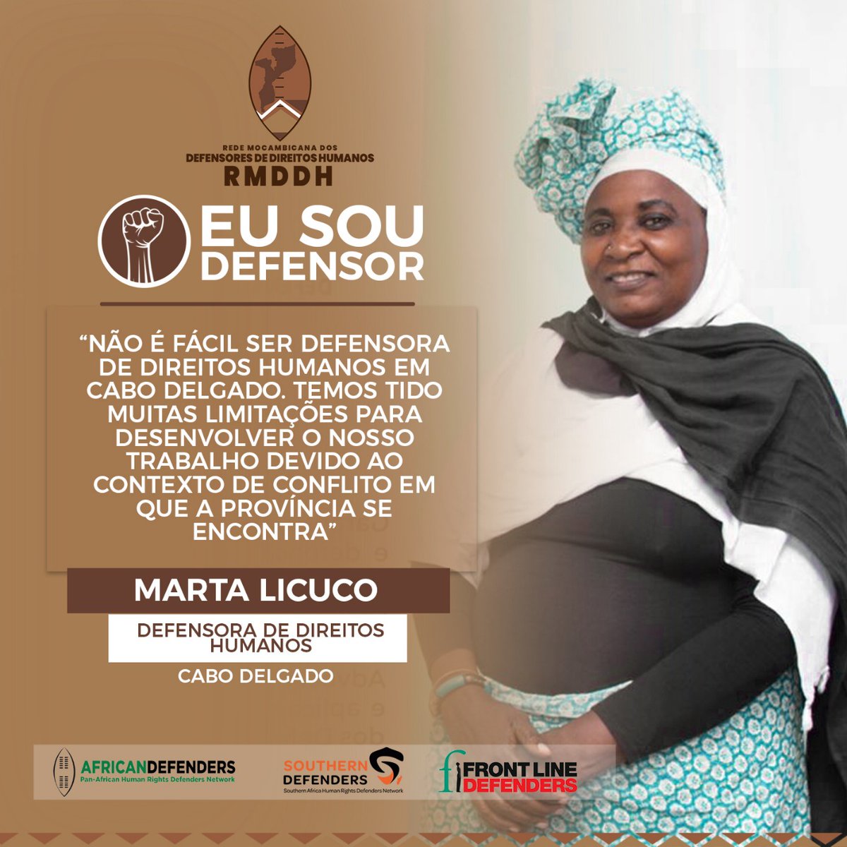 RMDDH_Moz's tweet photo. Na rubrica #EuSouDefensor desta semana, Marta Licuco, Coordenadora Executiva da Djumula e Defensora de Direitos Humanos, partilha suas reflexões sobre a defesa dos Direitos Humanos em Moçambique.
#JuntosDefendemos
#RMDDH https://t.co/2oXftywBwi