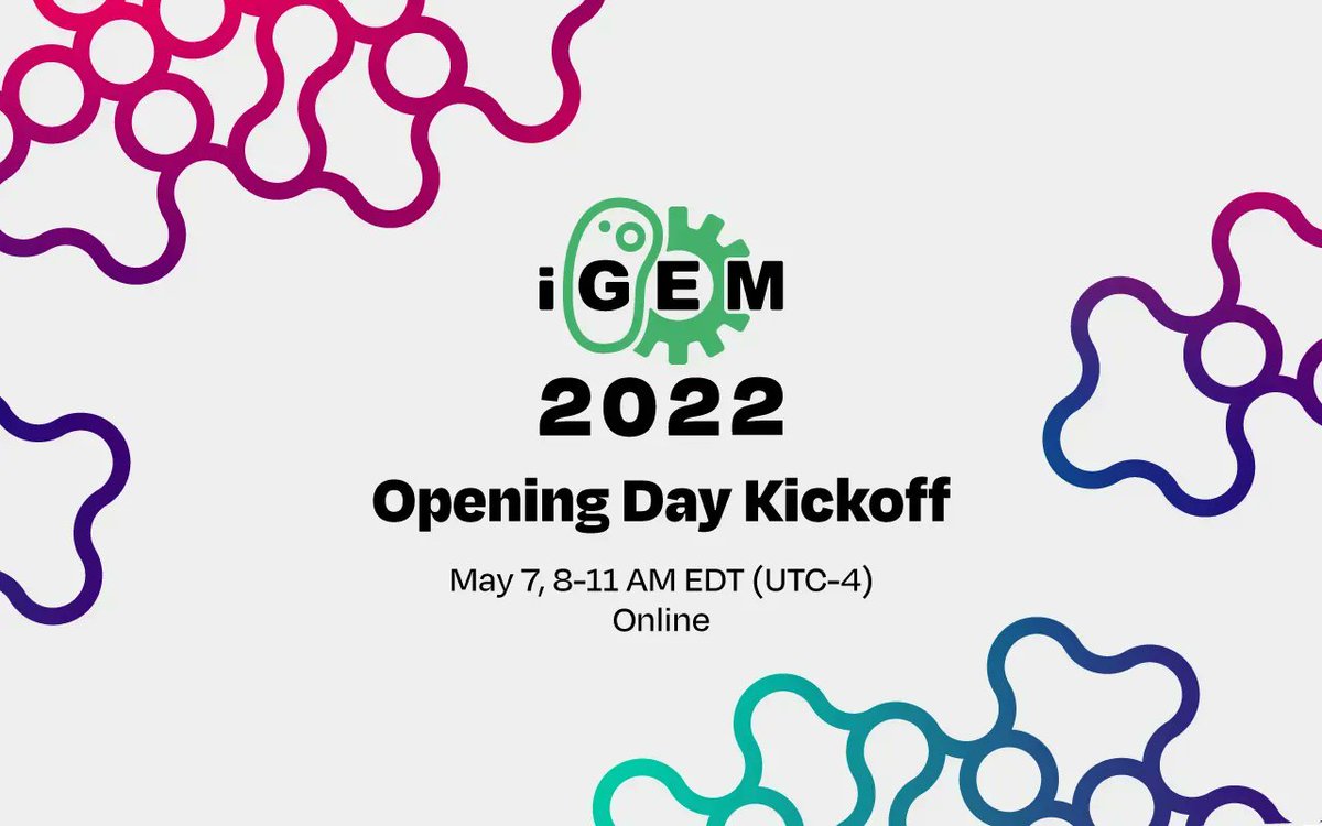 iGEM Headquarters (@igem) on Twitter photo Participating in the iGEM Competition this year? The first official event of the Competition season is tomorrow! Join us for Opening Day Kickoff May 7 at 8AM EDT to get an intro to the Competition, and a warm welcome to the <a href="/iGEMCommunity/">iGEM Community</a>. Register now: competition.igem.org/opening-day-ki… Participating in the iGEM Competition this year? The first official event of the Competition season is tomorrow! Join us for Opening Day Kickoff May 7 at 8AM EDT to get an intro to the Competition, and a warm welcome to the <a href="/iGEMCommunity/">iGEM Community</a>. Register now: competition.igem.org/opening-day-ki…