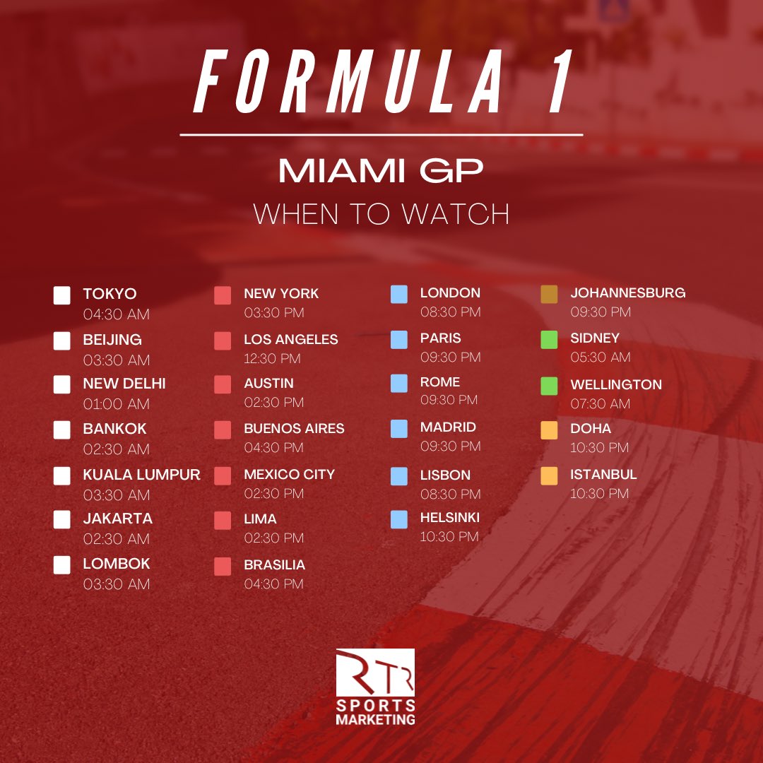 rtrsports's tweet photo. Don’t miss out @F1 this weekend with the @F1Miami Gran Prix!
Check our timetable and enjoy your race, planned for May 8st.
Are you ready?
#WhenToWatch #Formula1 #F1Miami #RTRSports https://t.co/shy9HXd83T
