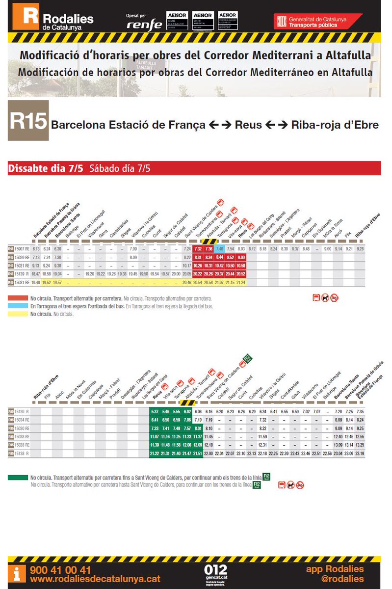 rodalies's tweet photo. 📢 Des del 7 i 8 de maig es modifica el servei a l'R14, R15, R16 i R17 per obres a Altafulla🚧

🚍↔Dissabtes fins a les 09.00: servei alternatiu entre Tarragona Torredembarra St. Vicenç

🚆Resta de jornada: increment de 10 minuts al trajecte

🔗https://t.co/B5GEGR6LLt https://t.co/sd9TwaKiPT