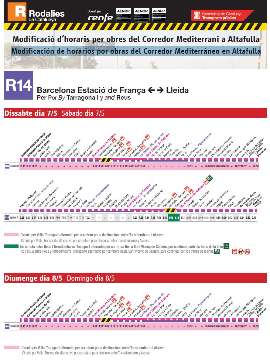 rodalies's tweet photo. 📢 Des del 7 i 8 de maig es modifica el servei a l'R14, R15, R16 i R17 per obres a Altafulla🚧

🚍↔Dissabtes fins a les 09.00: servei alternatiu entre Tarragona Torredembarra St. Vicenç

🚆Resta de jornada: increment de 10 minuts al trajecte

🔗https://t.co/B5GEGR6LLt https://t.co/sd9TwaKiPT