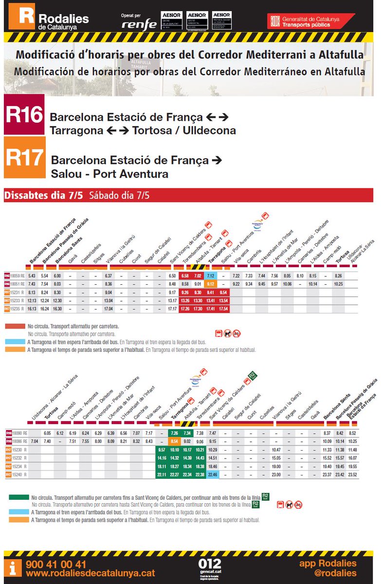 rodalies's tweet photo. 📢 Des del 7 i 8 de maig es modifica el servei a l'R14, R15, R16 i R17 per obres a Altafulla🚧

🚍↔Dissabtes fins a les 09.00: servei alternatiu entre Tarragona Torredembarra St. Vicenç

🚆Resta de jornada: increment de 10 minuts al trajecte

🔗https://t.co/B5GEGR6LLt https://t.co/sd9TwaKiPT
