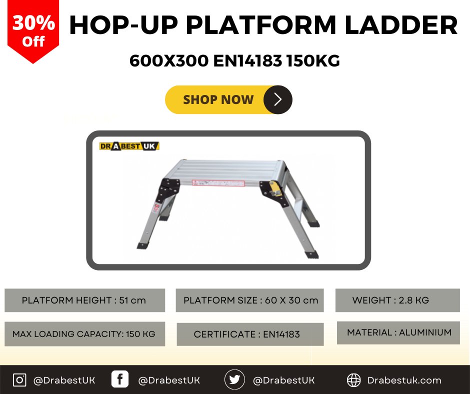 SHOP THE HOP-UP PLATFORM-600X300 EN14183 150KG! 🤩

THE PLATFORM LADDER IS CURRENTLY 30% OFF!!! 🤩🤩🤩

PURCHASE THE LADDER HERE: 
drabestuk.com/products_drabe… 

CHECK OUT OUR WEBSITE:  drabestuk.com

#drabestuk #ladders #sale #products #platformladder #ladder