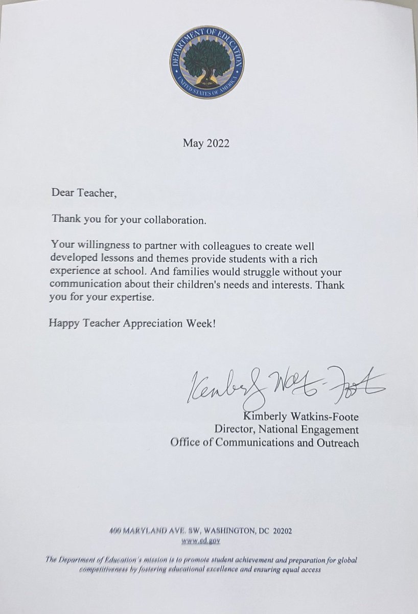 Thank you US Department of Education for the thank you letter! <a href="/usedgov/">U.S. Department of Education</a> #ThankATeacher #TeacherAppreciationWeek