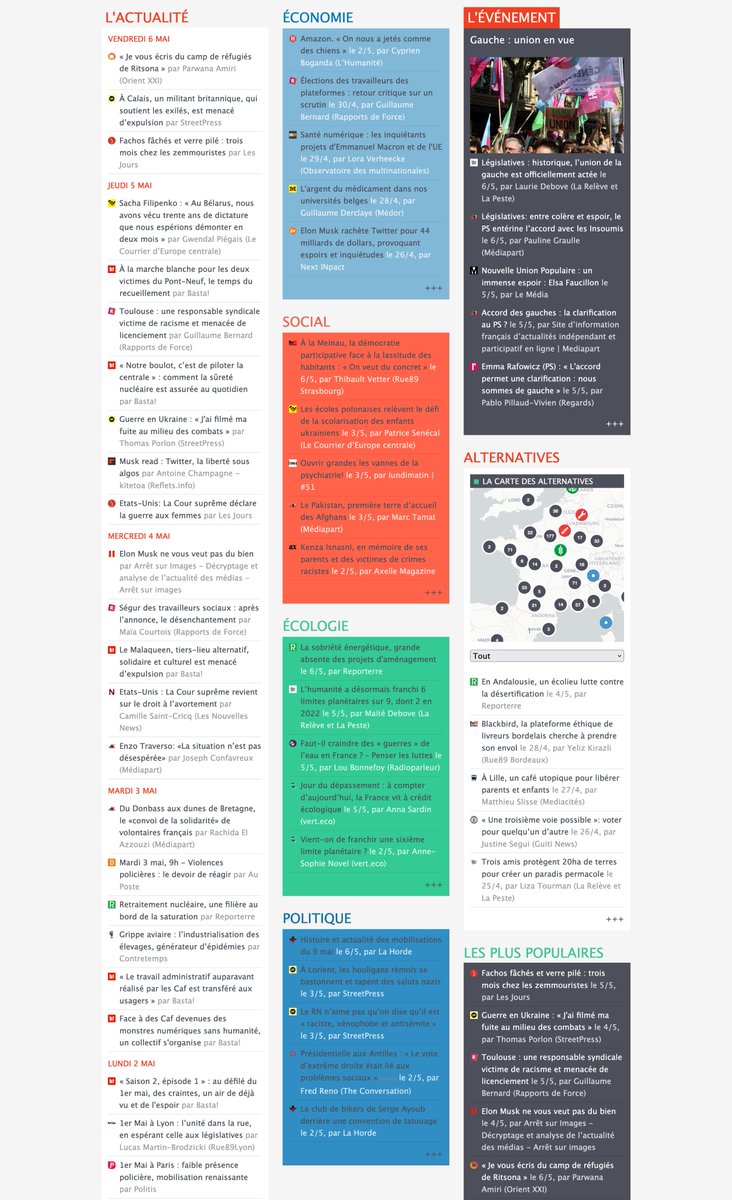 Chaque jour, une journaliste décortique la presse indé, sélectionne et classe dans les rubriques du <a href="/portailbasta/">Portail des médias indés</a> : actualité, économie, social, écologie, alternatives et politique. Puis relaie sur Twitter/Mastodon

Un travail de plusieurs heures/semaine, la base de #ChezLesIndés