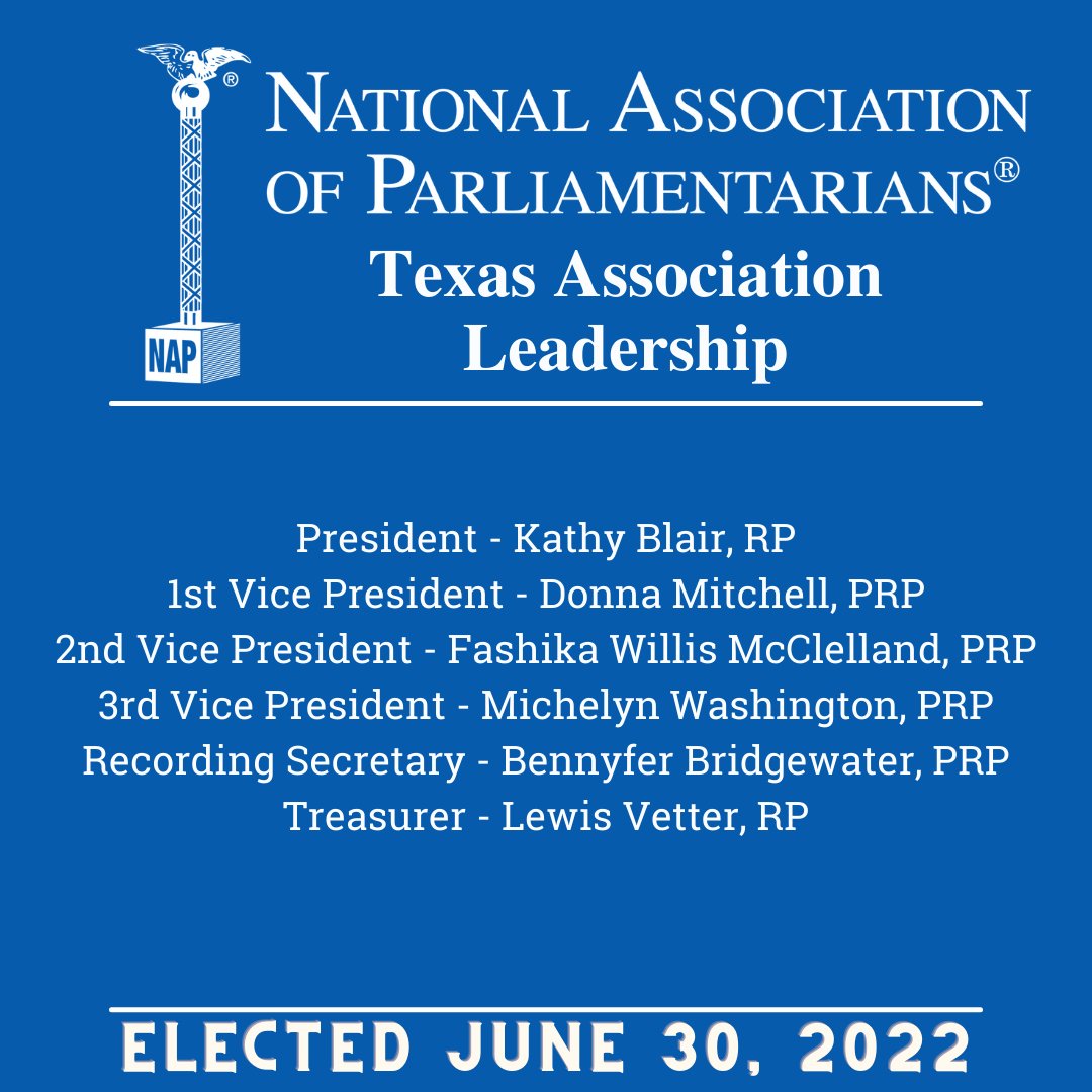 NAPparlypro's tweet photo. Congrats to the newly elected officers for the Texas State Association of Parliamentarians.  NAP President Wanda Sims, PRP, was onsite to bring greetings from the National Association of Parliamentarians! https://t.co/179CSVRvsQ