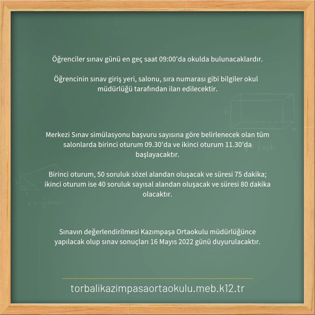 Kazımpaşa Ortaokulu öğrencilere, sınava en yakın ortamı sağlamak için 8 Mayıs tarihinde Merkezi Sınav Simülasyonu uygulayacak. <a href="/AtilaIsikkaya1/">Atila IŞIKKAYA</a> <a href="/MucahitYentur/">Murat Mücahit Yentür</a> <a href="/izmir_ilmem/">İzmir İl Milli Eğitim Müdürlüğü</a>