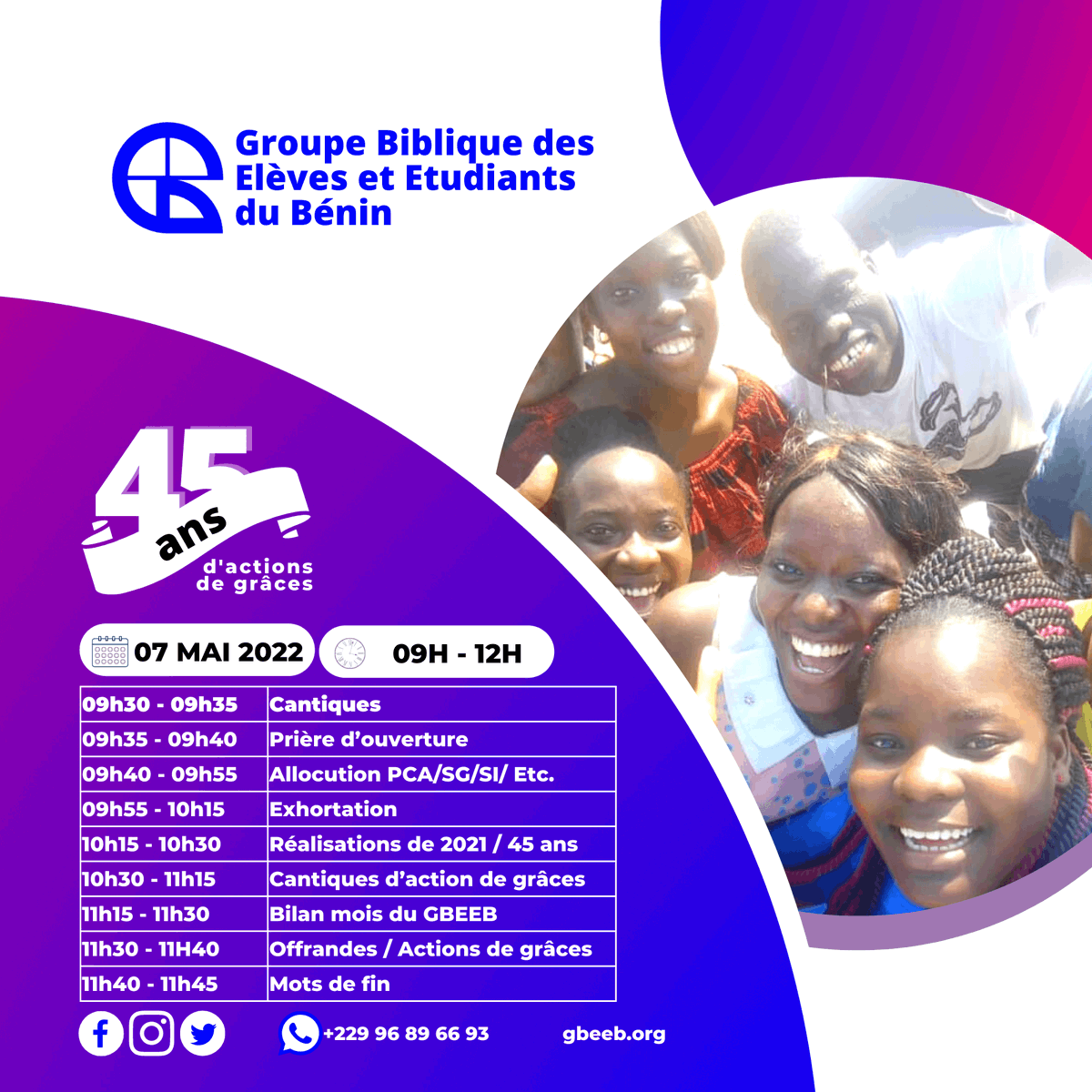 GbeebBenin's tweet photo. Bonjour la famille.

Nous sommes à quelques heures du grand jour. Trouvez ici le programme d'action de grâces des 45 ans du GBEEB.

Ensemble, gardons le cap ! https://t.co/utTDTB9HAw