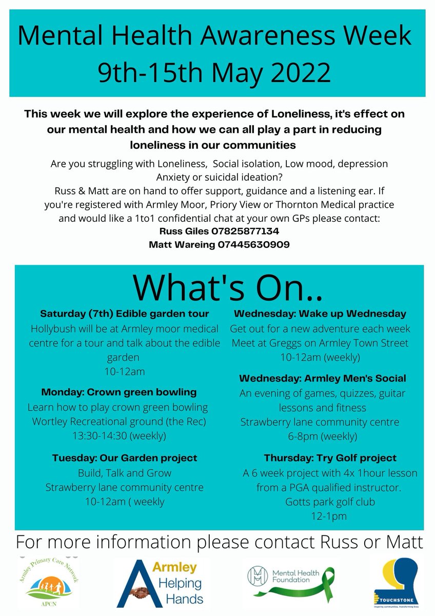 Rus_Giles's tweet photo. Next week's activity list from our Armley PCN mens groups. π #loneliness #reducingsocialisolation #mentalhealth #MentalHealthMatters #MentalHealthAwarenessWeek
@ArmleyMedical @PrioryViewMC @DrMourmouris @NHSLeedsWest @Touchstone_Spt @ArmleyHH @gottsparkgolf https://t.co/K252lvtyG9