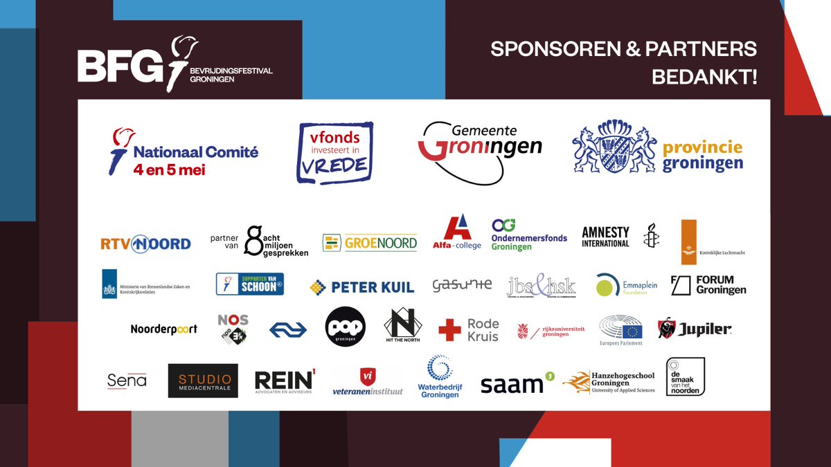 Zonder deze fantastische bedrijven en organisaties was er helemaal geen Bevrijdingsfestival Groningen mogelijk! Het zijn stuk voor stuk prachtige organisaties die zich ook dit jaar weer voor ons ingezet hebben! Duizendmaal dank!