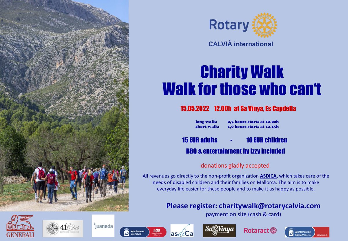 RotaryCalvia's tweet photo. Please join us at the Rotary Calvia Charity walk at “SA VINYA in ES Capdella”  on 15 May 2022, the proceeds of which will go to the charity ASDIC. We still have a few places available so book now by sending an email to:  charitywalk@rotarycalvia.com
https://t.co/Ta24BviCZT https://t.co/iIMljA08Ls
