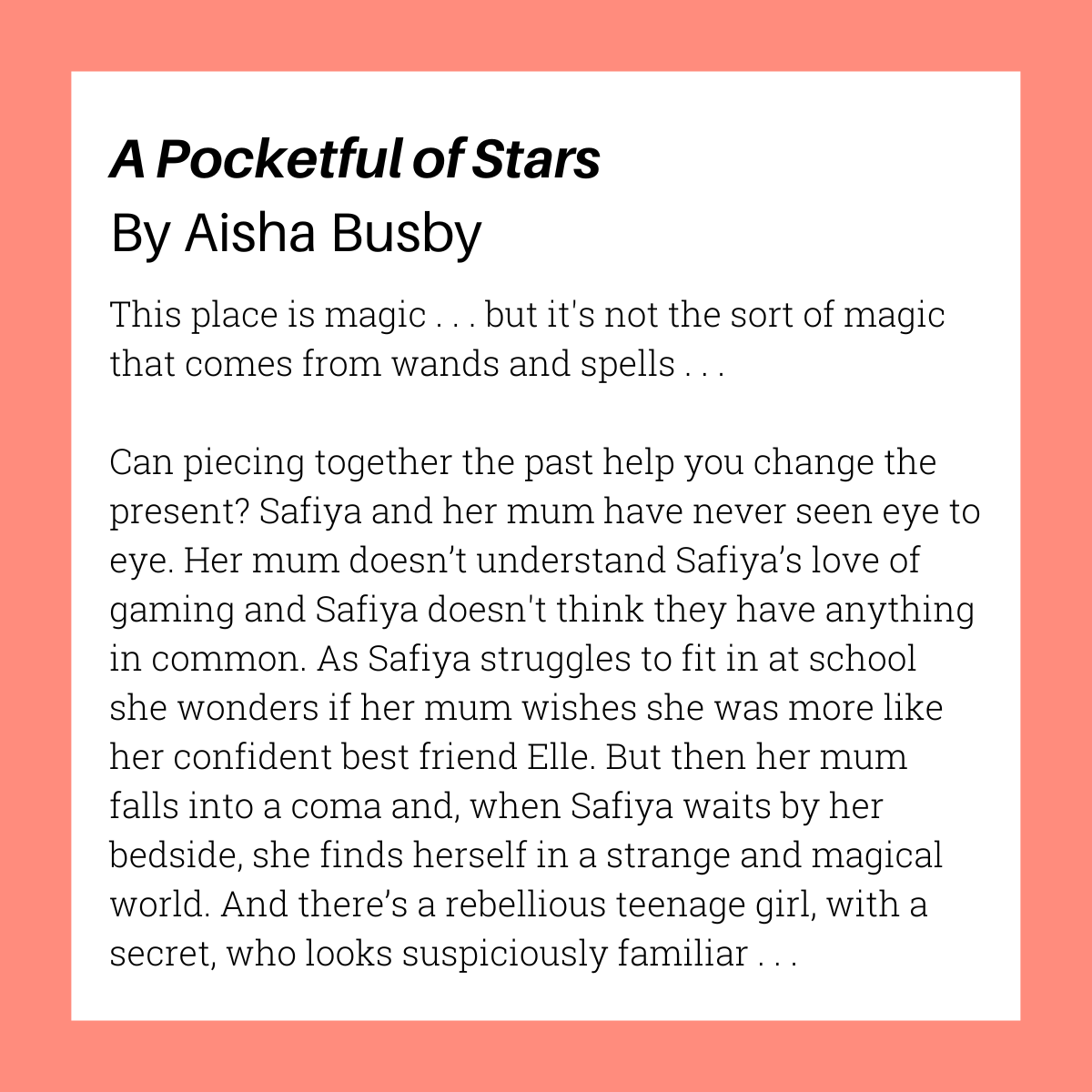 AllStoriesWrite's tweet photo. It's Friday, woo! Which means it's time for another #FridayFavourite β and today's pick is A Pocketful of Stars by @aishabushby, a magical and moving middle grade fantasy. Published by @FarshoreBooks.
#AllStories #allstorieswrite #allstoriesmatter #representation #inclusion https://t.co/emc3en1b4m
