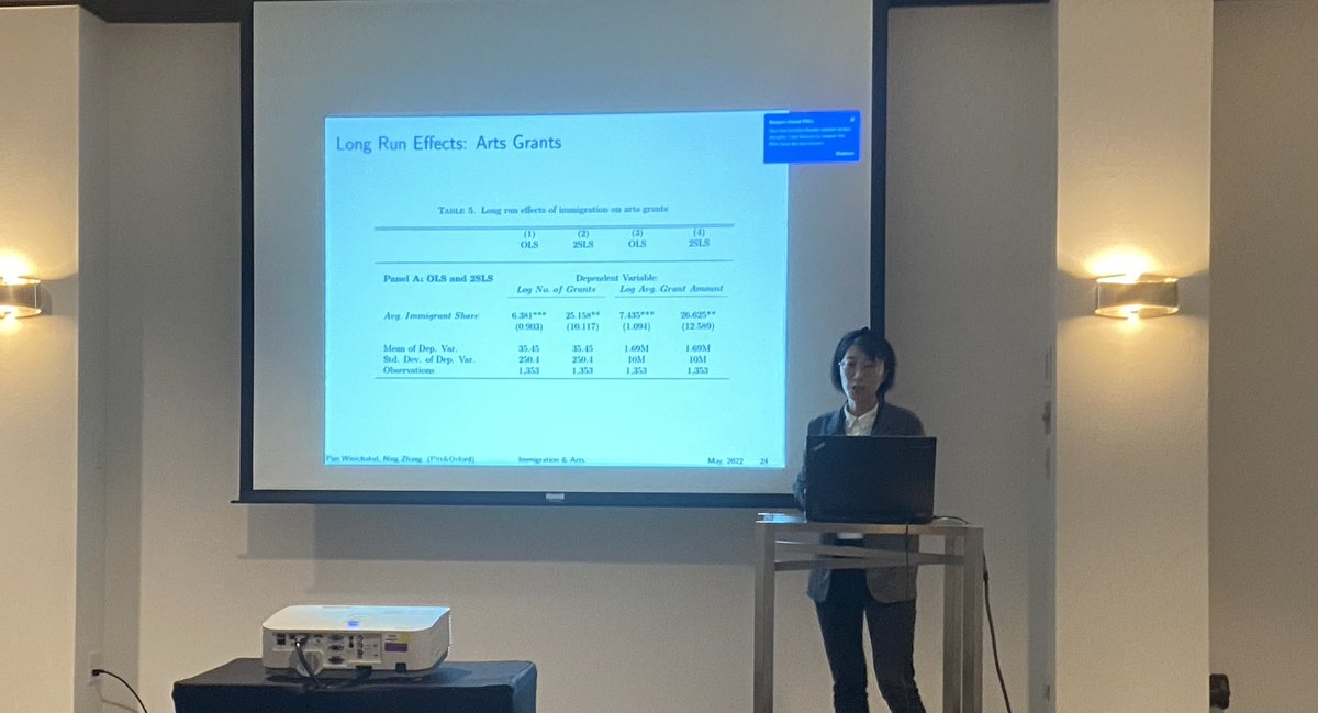 Osea82's tweet photo. Nice to see @PittEcon former student @ningzhang0927 presenting joint work with @PunWinichakul on the effects of immigration on creative arts in America #SOLE2022 https://t.co/NR6a3CsmsP