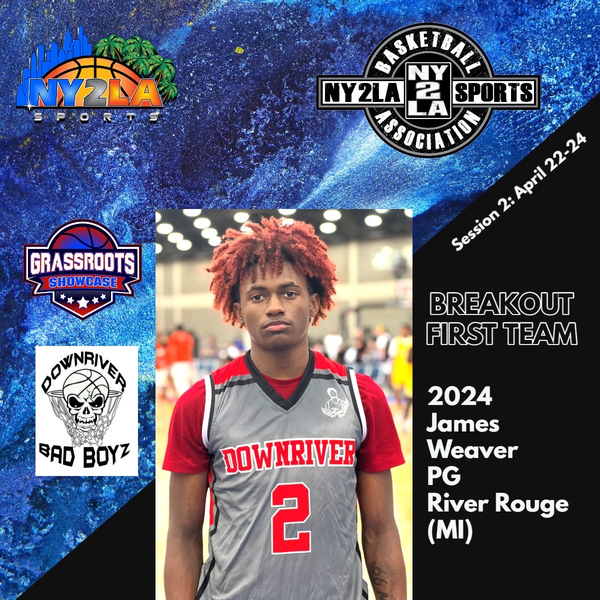 ny2lasports's tweet photo. 2022 NY2LA Basketball Association @ny2labasketball 
🏀 Session 2 
🏀 Grassroots Showcase
🏀 Breakout Performers

James Weaver  @JWeaver12_⁩
Class:  2024
Position:  PG
Height: 6-0
Travel:  ⁦@DownriverBadBoy⁩
HS: River Rouge (MI) https://t.co/ljNTiabbfE