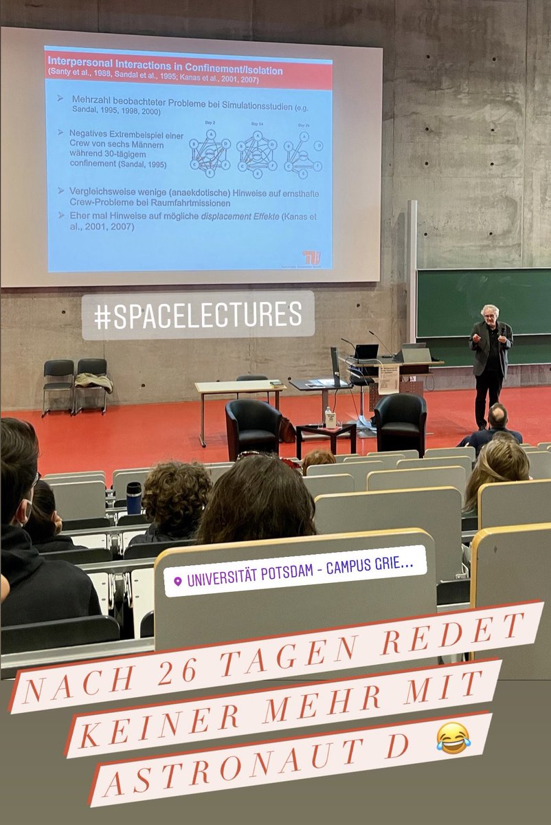 hcgraefe's tweet photo. #Spacelectures @unipotsdam - Raumfahrtpsychologie - „Vom Begreifen des Unbegreiflichen“ mit Prof. Schladebach & Prof. Manzey (@TUBerlin) -> Zusammensetzung der Astronauten ist entscheidend für Kommunikation. #spacelaw https://t.co/HF3XScOquB