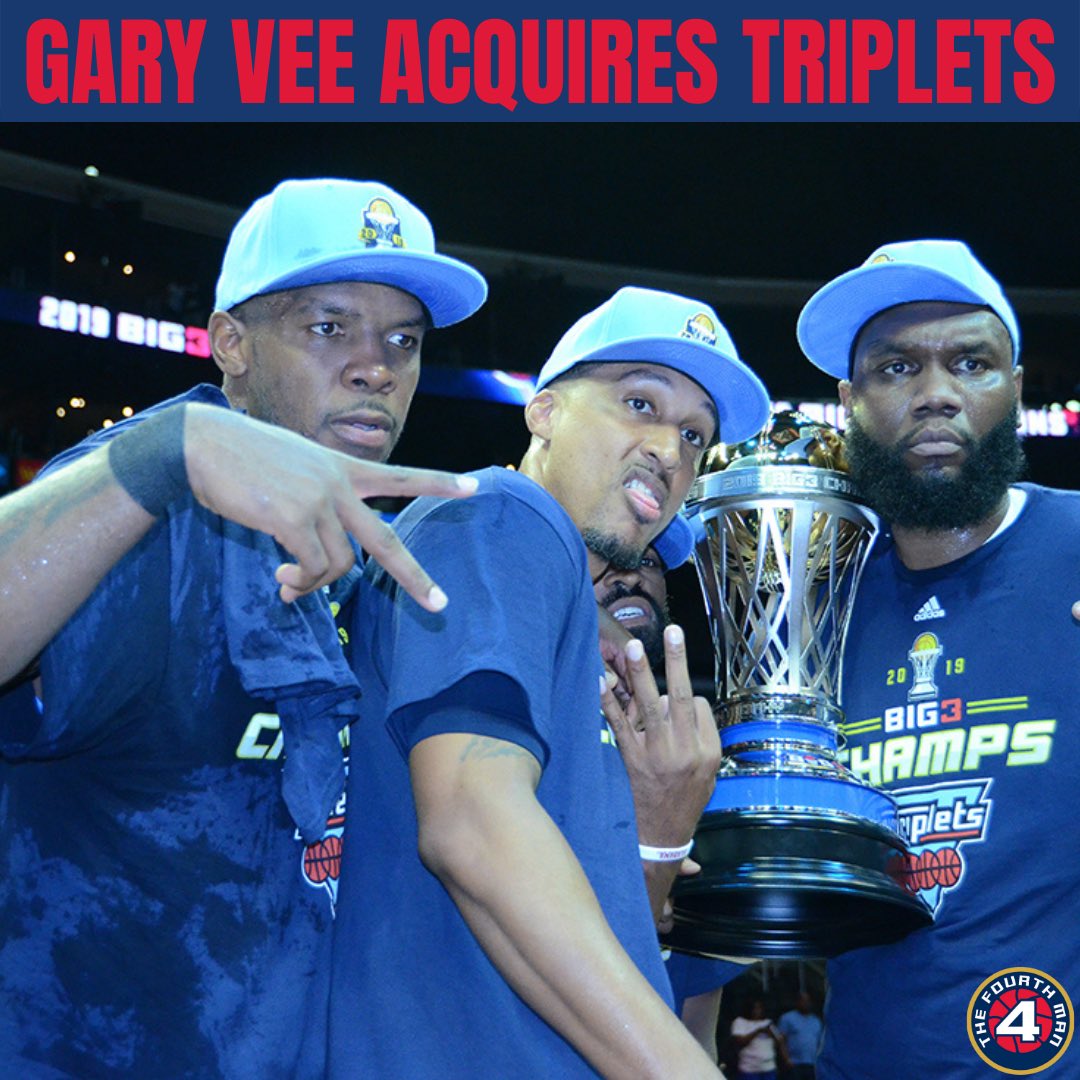 4thManPod's tweet photo. BREAKING 🚨 

Gary Vee has acquired 2019 champion Triplets 👶👶👶

All 25 Fire Tier ownership stakes have been bought by Vaynerchuk and Triplets becomes the fourth BIG3 team acquired since @thebig3 decided to fractionalize teams to individual owners.

Iso Joe &amp; Gary Vee 🔥 https://t.co/H2HnV9SRsx