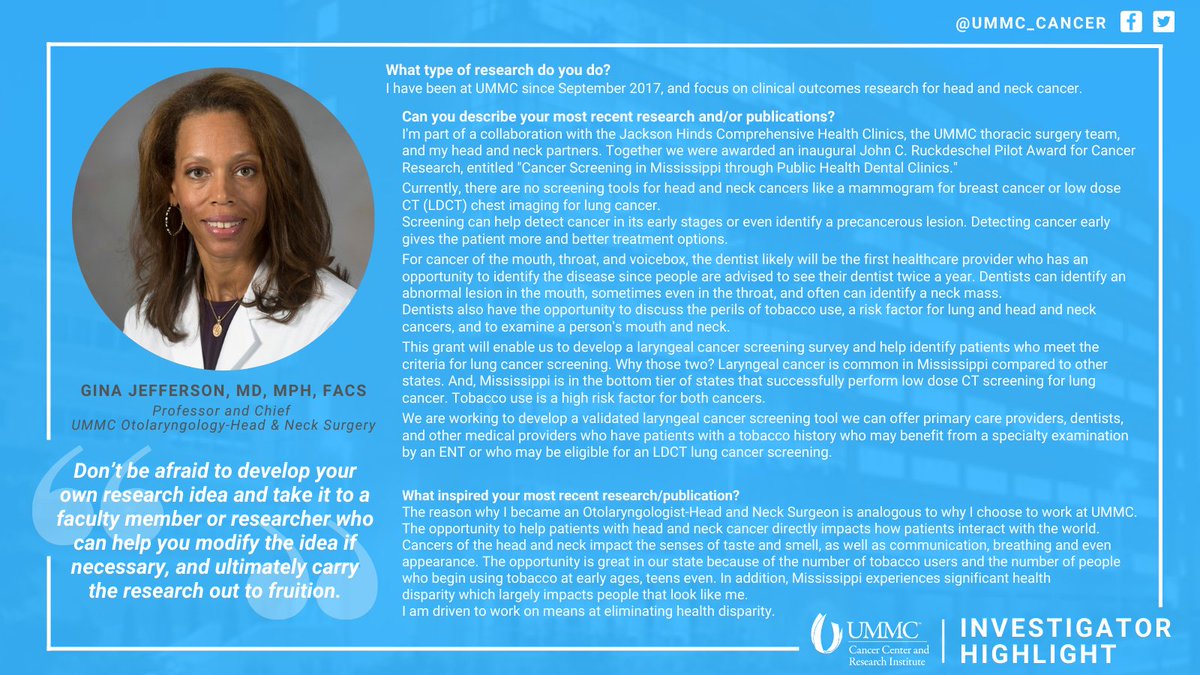 UMMC_Cancer's tweet photo. #CCRIHighlight: Dr. Gina Jefferson, a professor and chief in the UMMC Division of Head and Neck Oncologic & Microvascular Surgery, is a member of the Cancer Center and Research Institute.
Jefferson to future research students, "Don't be afraid..."
#NationalCancerResearchMonth🔬 https://t.co/sgLIxvhKsG
