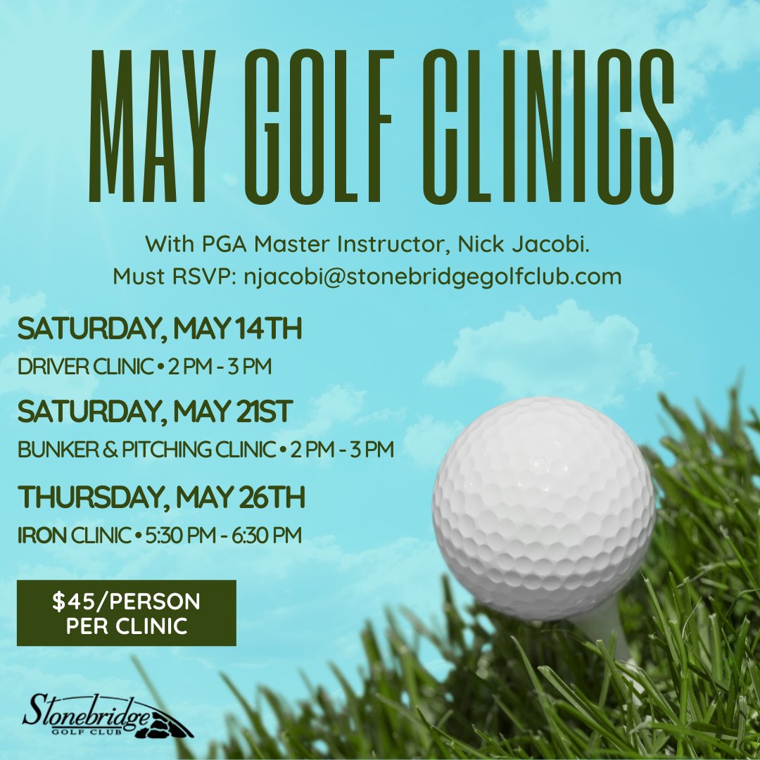Stonebridge_GC's tweet photo. Don't forget to sign up for one, or all of our May Clinics!

#StonebridgeGolfClub #NorthCarolinaGolf #MonroeNC https://t.co/86Oxjp9BuA