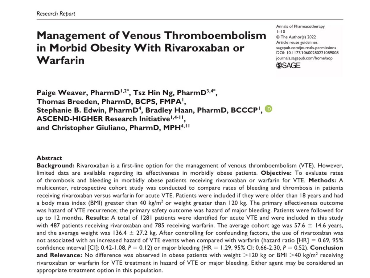 🚨New publication alert🚨

We found no differences in safety or efficacy for rivaroxaban versus warfarin for patients with BMI &gt; 40 and/or Wt &gt; 140kg with VTE!

pubmed.ncbi.nlm.nih.gov/35505606/