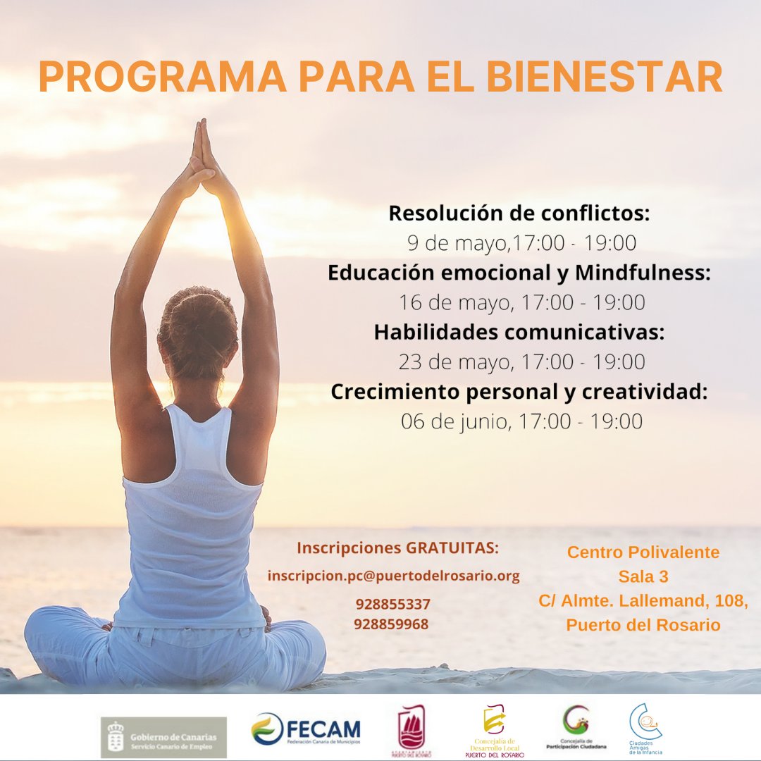 PCiudadanaPto's tweet photo. Este lunes comenzamos con un nuevo programa para el bienestar.🧘

Aprende sobre crecimiento personal, creatividad, comunicación...🙌

📍Del 9 de mayo al 6 de junio en el Centro Polivalente de Puerto del Rosario.
#crecimientopersonal #programabienestar #puertodelrosario https://t.co/8tC0es9p60