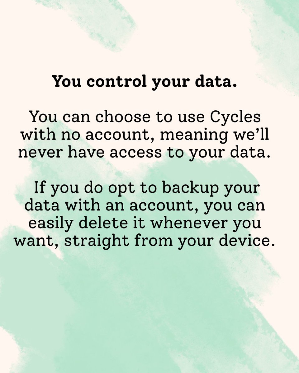 CyclesApp's tweet photo. 4/ Remember, you can always use Cycles without a profile, which means that we don’t store any data. In this case, nothing you track in Cycles will ever leave your device and will be permanently deleted as soon as you uninstall the app. https://t.co/sRADkXoqFV