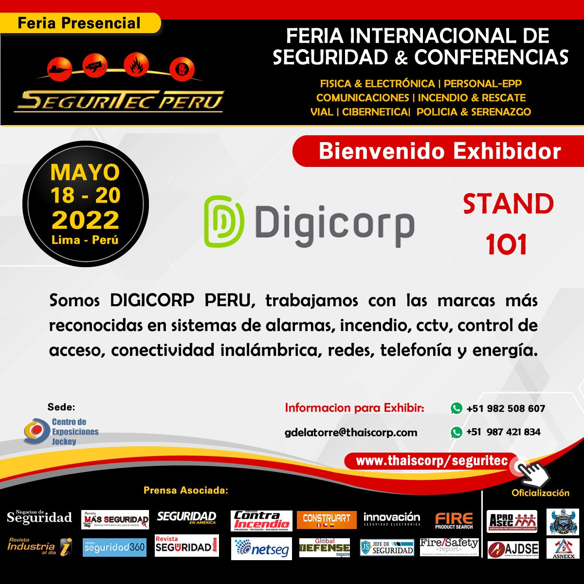 Le damos la Bienvenida a @digicorpperu como nuevo expositor de SEGURITEC PERU 2022.

¡ NO SE LO PIERDA !

📅 18 - 20 de Mayo, 2022.
⏰ 12:00 p.m. - 7:00 p.m.
❌ Centro de Exposiciones Jockey.