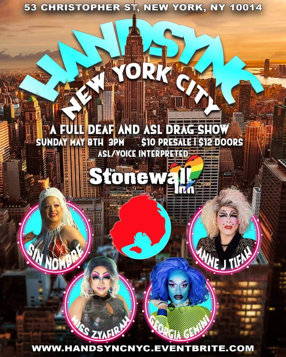 DJChaunceyD's tweet photo. Sunday, May 8th 3-6pm
@TheStonewallNYC

Handsync,a full Deaf and ASL drag show, continues bringing New York City the deaf drag entertainment!
Georgia Gemini
Miss Zyafirah
Anne J Tifah
and hosted by
Sin Nombre
#handsync #newyorkcity #dragshow #dragonometry #ASL #handsync https://t.co/QP4rZnMgHk