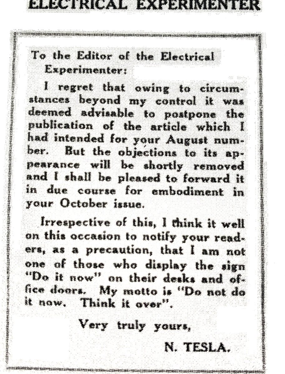 1919: One of my favorite Letters to the Editor by Nikola Tesla.￼