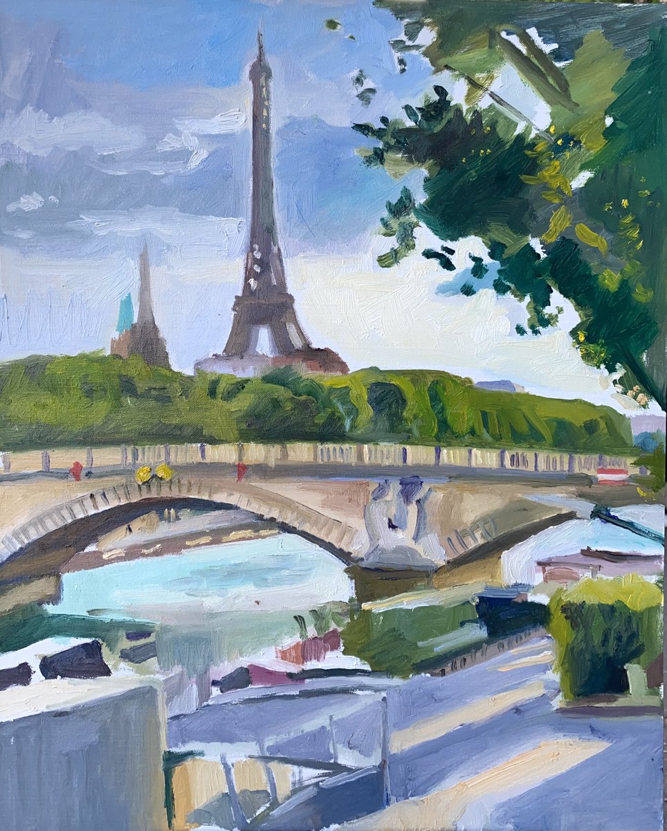 Paul_Wuensche's tweet photo. Temporarily installed in Paris. This is the first of about a dozen cityscapes I hope to paint while here. #pontdesinvalides #eiffeltower #pleinair @ahistoryinart @IRetweetArt https://t.co/9JitMDTEd0