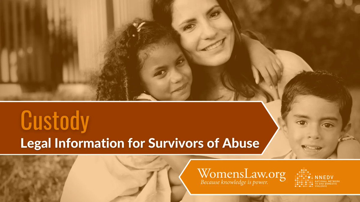 WomensLaw's tweet image. Custody can be a big consideration for domestic violence survivors who are considering leaving an abuser, and it can be helpful to make a plan beforehand, if it's possible and safe to do so. Learn more about how custody laws work in your state: bit.ly/3LWlk5u