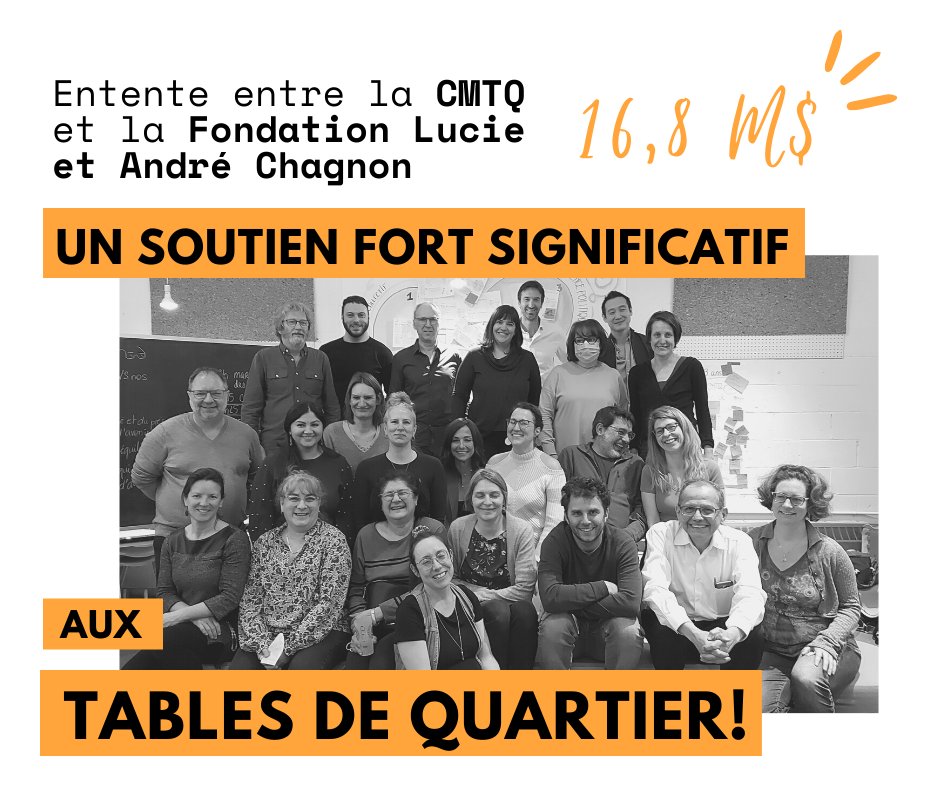 🎉 La CMTQ est très heureuse de vous annoncer que @fondchagnon soutiendra les 32 #Tablesdequartier pour les 5 prochaines années afin qu'elles puissent pleinement jouer leur rôle! #lutteàlapauvreté #inclusionsociale #développementsocial
👉🏽 Les détails ici : bit.ly/3vOOVrC