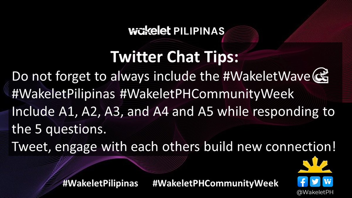 cksapungan's tweet photo. TWITTER CHAT TIPS
Include the following hashtags when you tweet
#WakeletWave🌊
#WakeletPilipinas #WakeletPHCommunityWeek
Follow @WakeletPH
Answer Question 1 (Q1) with A1
Interact with each other, make new connections, learn & have fun! https://t.co/tpSHSdKuv1