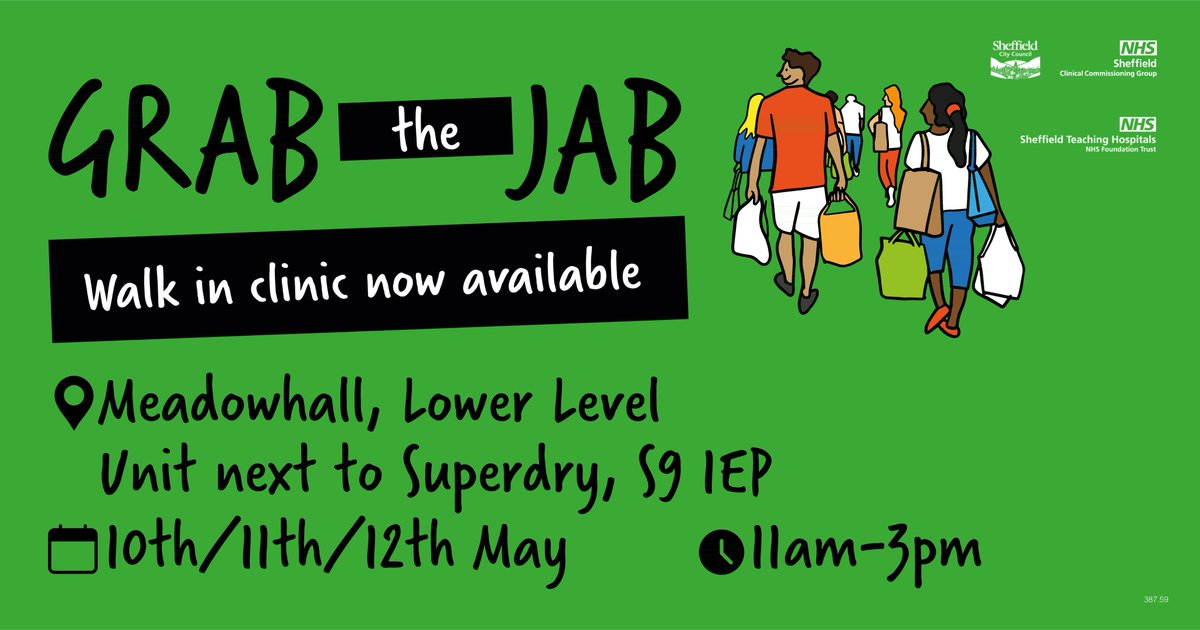 You can #GrabAJab next week! There's a walk-in clinic at Meadowhall, Lower Level, Unit next to Superdry, S9 1EP, on Tuesday 10 May from 11am - 3pm. No appointments needed for vaccines and boosters. @SheffCouncil