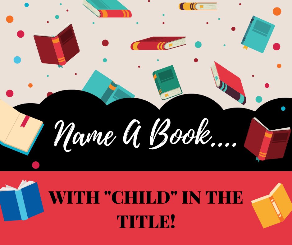 ClayLibrary's tweet image. Book lovers try this challenge! Here is the rule: Name the title of a book for the category listed. 
#NameABook #FridayFun #ClayCoLibrary