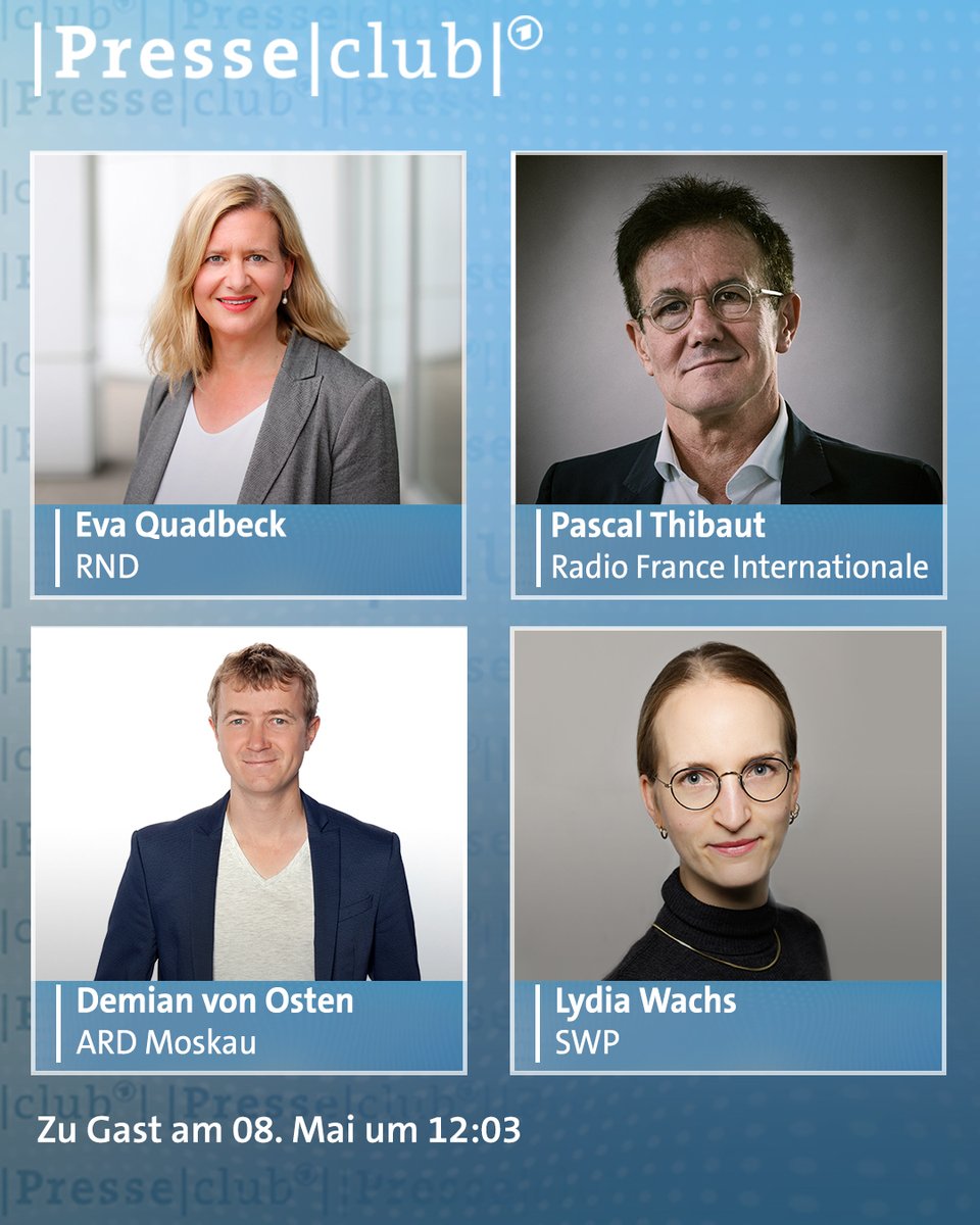 "Tag der Befreiung im Schatten des Ukraine-Kriegs". Über das Thema diskutiert <a href="/EEhni/">Ellen Ehni</a> am Sonntag im #presseclub mit <a href="/EvaQuadbeck/">Eva Quadbeck</a> (<a href="/RND_de/">RND</a>), <a href="/pthibaut/">Pascal Thibaut</a> (<a href="/RFI/">RFI</a>), <a href="/demianvonosten/">Demian von Osten</a> (@ARDMoskau) und <a href="/lydiawachs/">Lydia Wachs</a> (<a href="/SWP_IntSecurity/">SWP International Security (inactive)</a>).