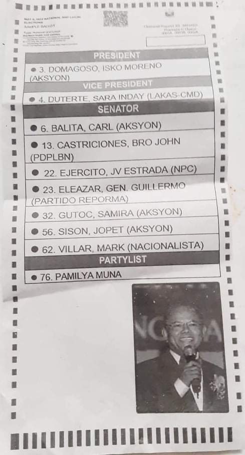 maynila_batang's tweet photo. El Shaddai Sample Ballot

President: Domagoso
Vice President: Duterte
Senators:
Balita
Castriciones
Ejercito
Eleazar
Gutoc
Sison
Villar
Partylist: Pamilya Muna https://t.co/LpjJECP9Jw