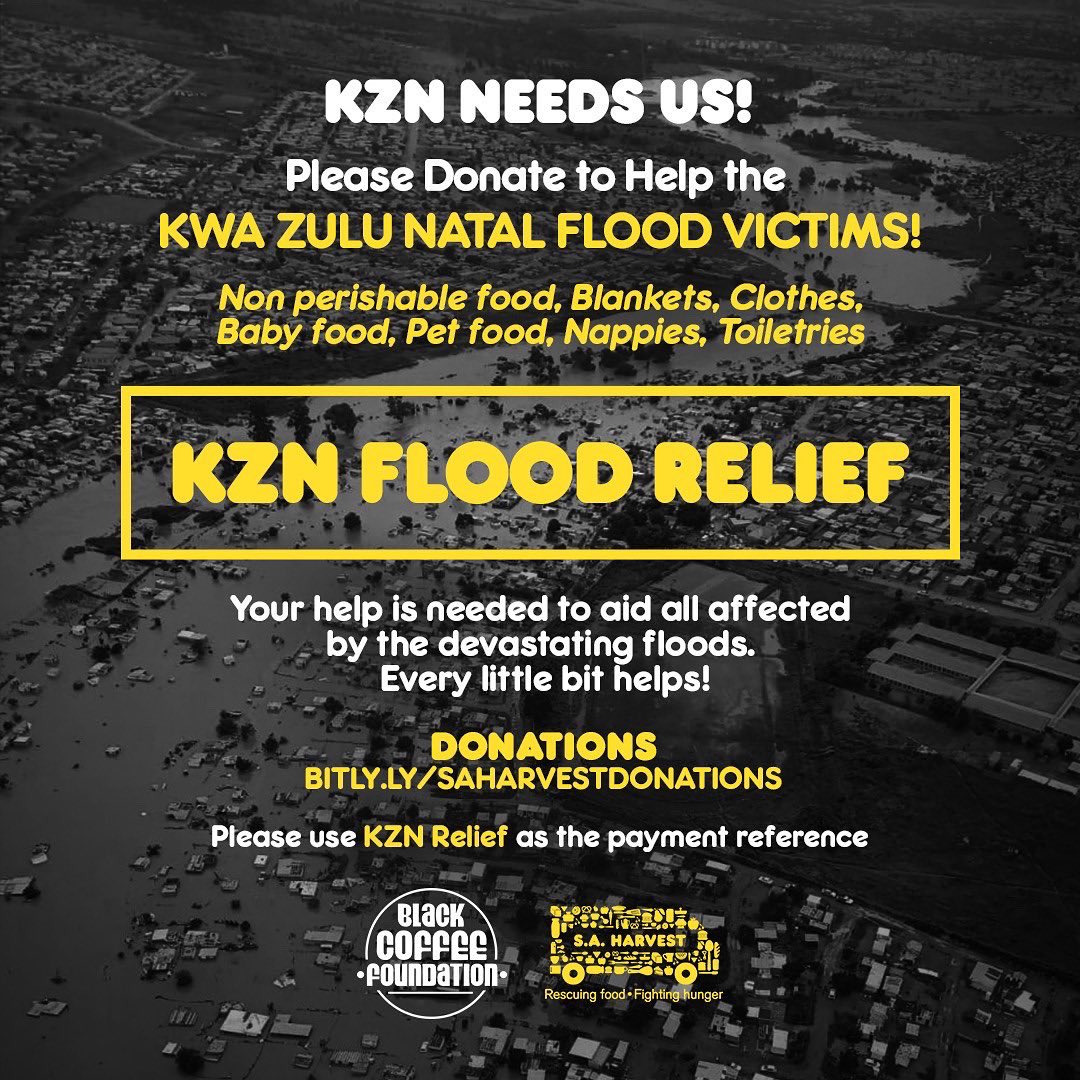 RealBlackCoffee's tweet photo. My hometown needs help after the devastating floods have taken so much. Join the @foundationbybc &amp; @SAharvest in providing all that we can to get KZN back on their feet… every bit counts! ❤️

https://t.co/bLIjcM7nIg

#KZNRelief #BCFoundation #LetsDoMore https://t.co/qE8pRZo9Jw