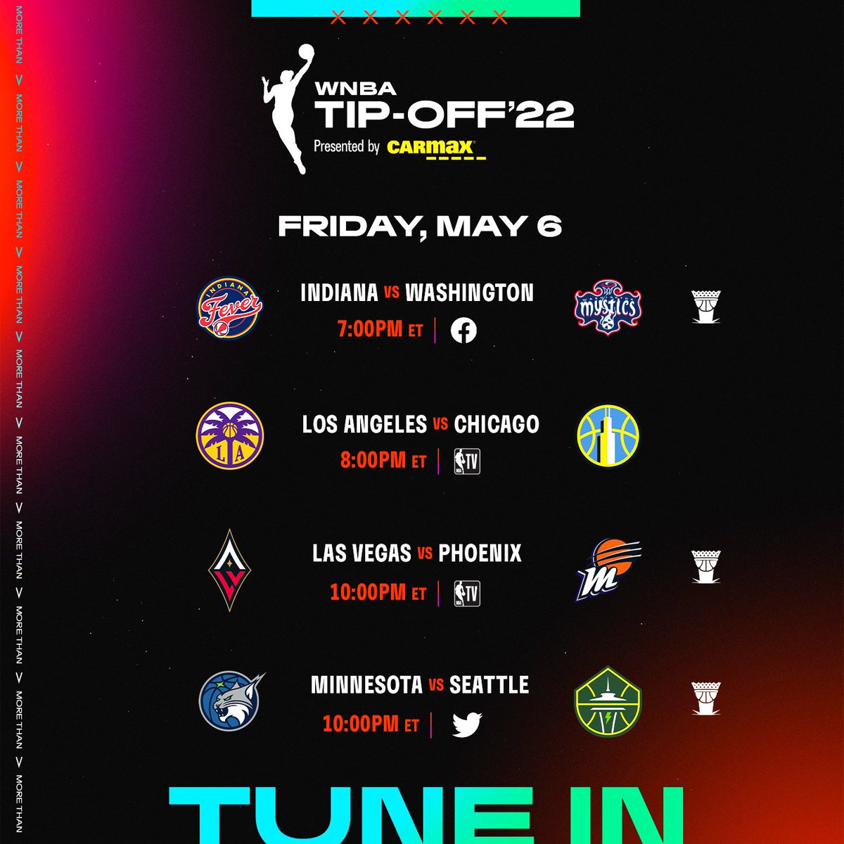 WNBA's tweet photo. Season 26 starts tonight! Catch all four opening night games startng at 7pm/ET for the #WNBATipoff presented by @CarMax 🏀 https://t.co/JoErt33y6T