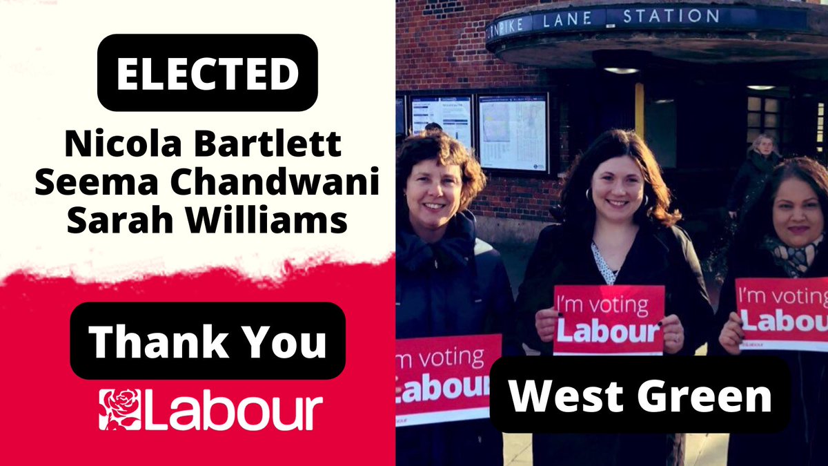 HaringeyLabour's tweet photo. First result to declare: West Green! Congrats to our candidates for a landslide result 

✅Nicola Bartlett 
✅Seema Chandwani
✅Sarah Williams

#LabHold https://t.co/3jekR99hMG