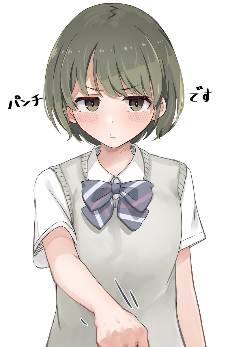 1girl green hair solo school uniform short hair bow white background  illustration images