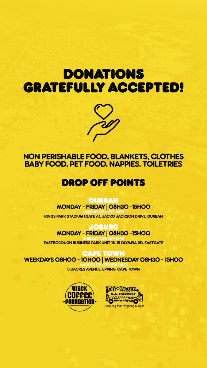 Brilliekhuzwayo's tweet photo. KZN NEEDS US! Join @FoundationByBC & @SAHarvest to help #KZNFlood victims.
Please GIVE what u can & SHARE 2 spread the word.
#SAHarvest drop-off points in DBN, JHB & CPT. Every little bit counts!
Pls Donate >> https://t.co/9m52vKGgId
#KZNRelief #BCFoundation #LetsDoMore https://t.co/wMRYxwgZh0