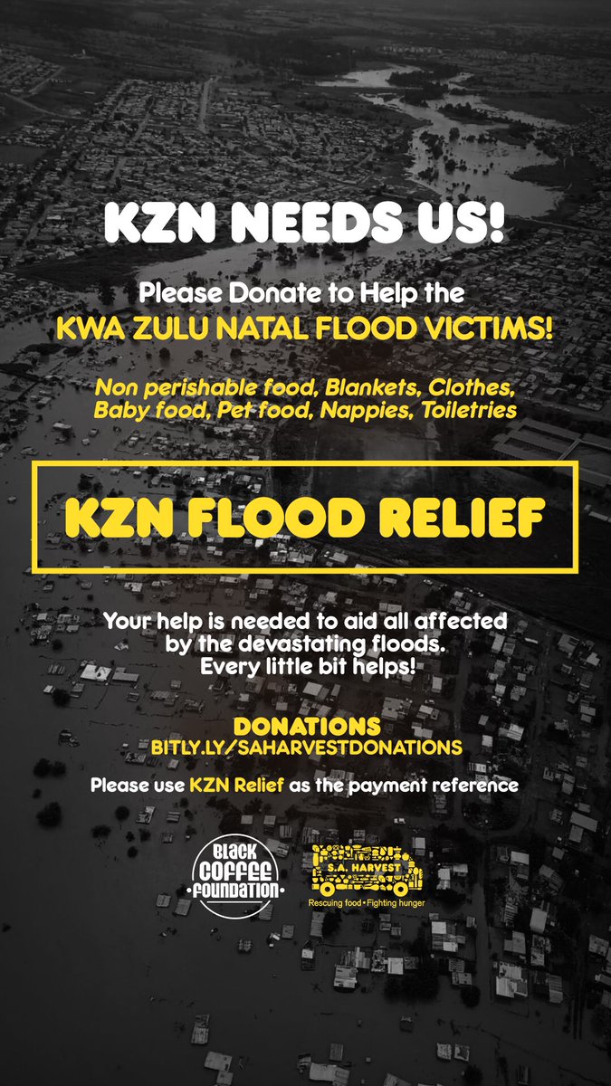 Brilliekhuzwayo's tweet photo. KZN NEEDS US! Join @FoundationByBC & @SAHarvest to help #KZNFlood victims.
Please GIVE what u can & SHARE 2 spread the word.
#SAHarvest drop-off points in DBN, JHB & CPT. Every little bit counts!
Pls Donate >> https://t.co/9m52vKGgId
#KZNRelief #BCFoundation #LetsDoMore https://t.co/wMRYxwgZh0
