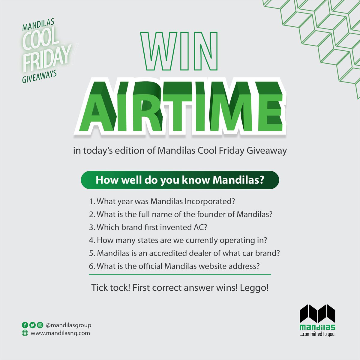 MandilasGroup's tweet photo. How well do you know Mandilas?
We’ll find out in this trivia! The first correct answer wins 2,000 airtime. Leggo!
#MandilasCoolFridaysGiveaway #Mandilasat73 #CommitedtoYou #LifestyleSolutionsPartner https://t.co/VDKaj1bPou