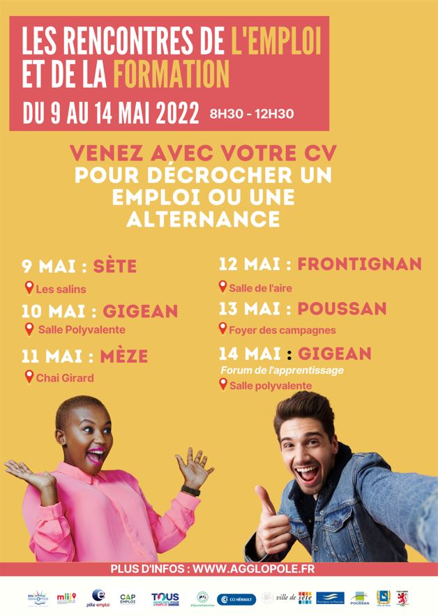[EVENEMENT] Participez aux rencontres de l'emploi et de la formation du 09 au 14 mai, organisées par <a href="/Sete_agglo_med/">Sète agglopôle</a> en partenariat avec @pole_emploi #Sète, <a href="/mlij_bt/">MLIJ Bassin de Thau</a> et <a href="/Capemploi_/">Cap Emploi</a> 👉9 Mai à Sète, 10 &amp; 14 Mai à Gigean, 11 Mai à Mèze, 12 Mai à Frontignan, 13 Mai à Poussan