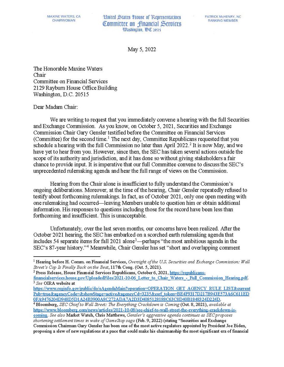FinancialCmte's tweet photo. Republican Leaders @PatrickMcHenry and @RepHuizenga call on Chairwoman Waters to immediately convene a hearing with all @SECGov commissioners.

The American people deserve to hear from the full Commission about @GaryGensler's overreach and agenda.

More: https://t.co/yfz31TpDxV https://t.co/OfFQdEyH7V