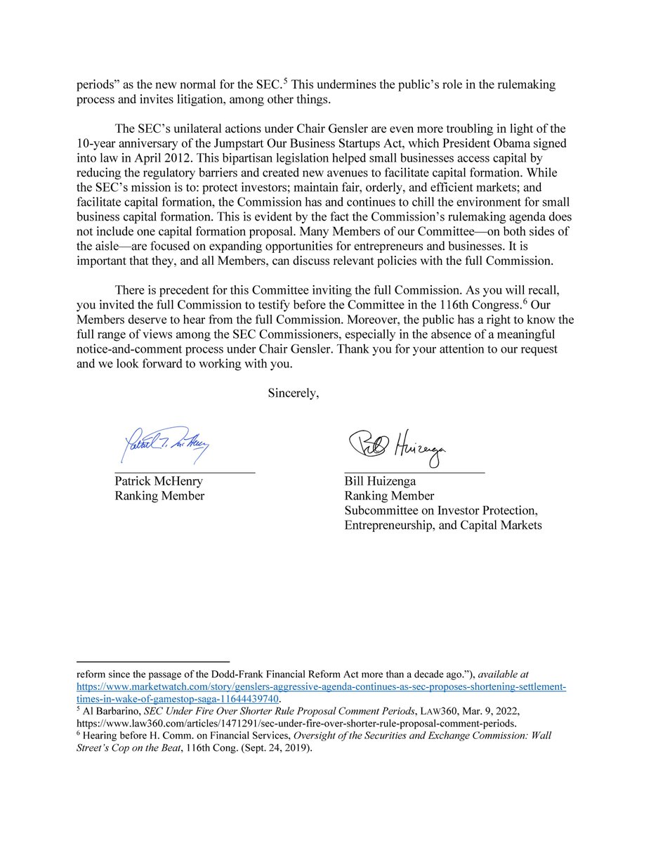 FinancialCmte's tweet photo. Republican Leaders @PatrickMcHenry and @RepHuizenga call on Chairwoman Waters to immediately convene a hearing with all @SECGov commissioners.

The American people deserve to hear from the full Commission about @GaryGensler's overreach and agenda.

More: https://t.co/yfz31TpDxV https://t.co/OfFQdEyH7V