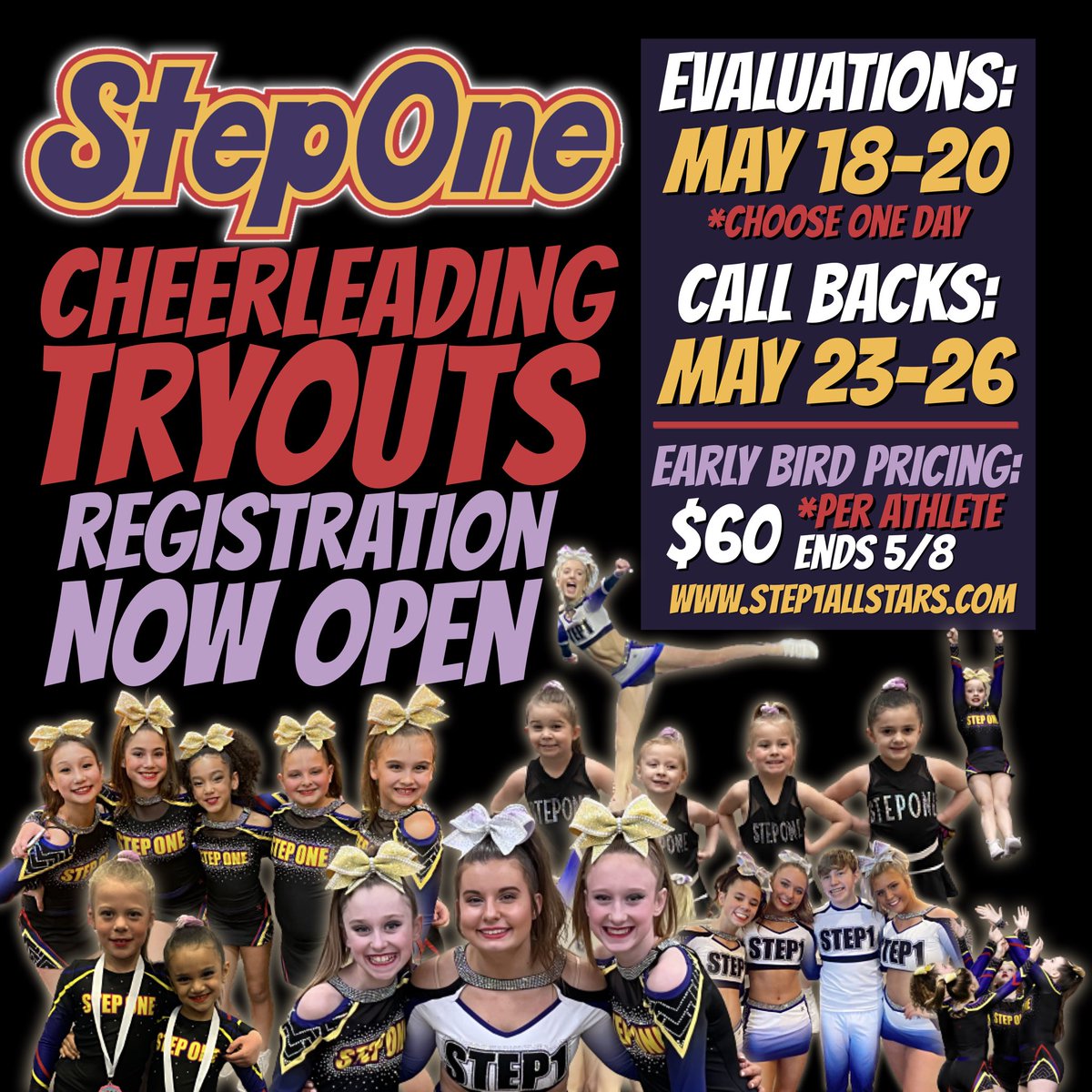 ✨Early Bird pricing ENDS Sunday! 💫 Register for our 22-23 Cheerleading teams today!

We’ve added our Evaluation Process &amp; Info Packet to our website. Be sure to check it out! 💜❤️💛

step1allstars.com/2022/04/regist…
