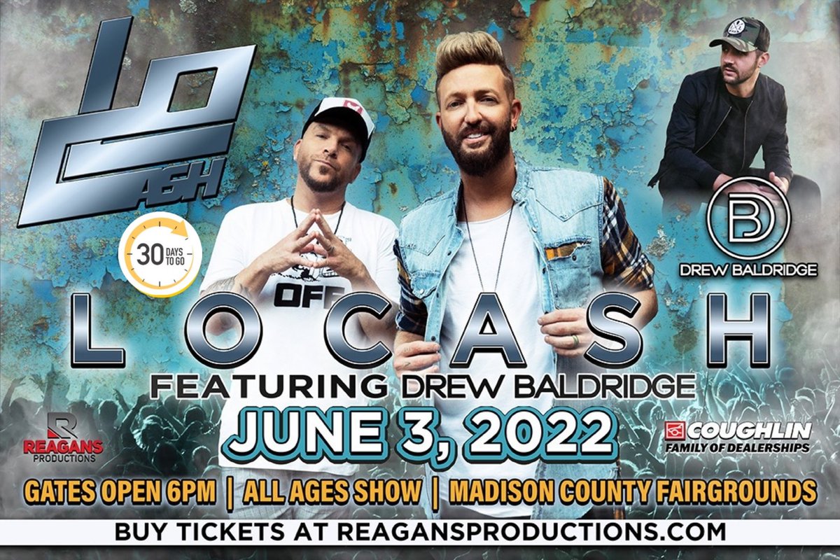 ReagansPro's tweet photo. 30 Days until @ACMawards - nominee for Duo of the Year @LOCASHmusic w/ special #DrewBaldridge  &amp; @TarynPapa @MattySexton at Madison County Fair Ohio Grounds FRI June 3!

Special thanks to @CoughlinCars

🎫⤵️ 
https://t.co/8cRGmAhfnp https://t.co/ZzwzTfzW3x